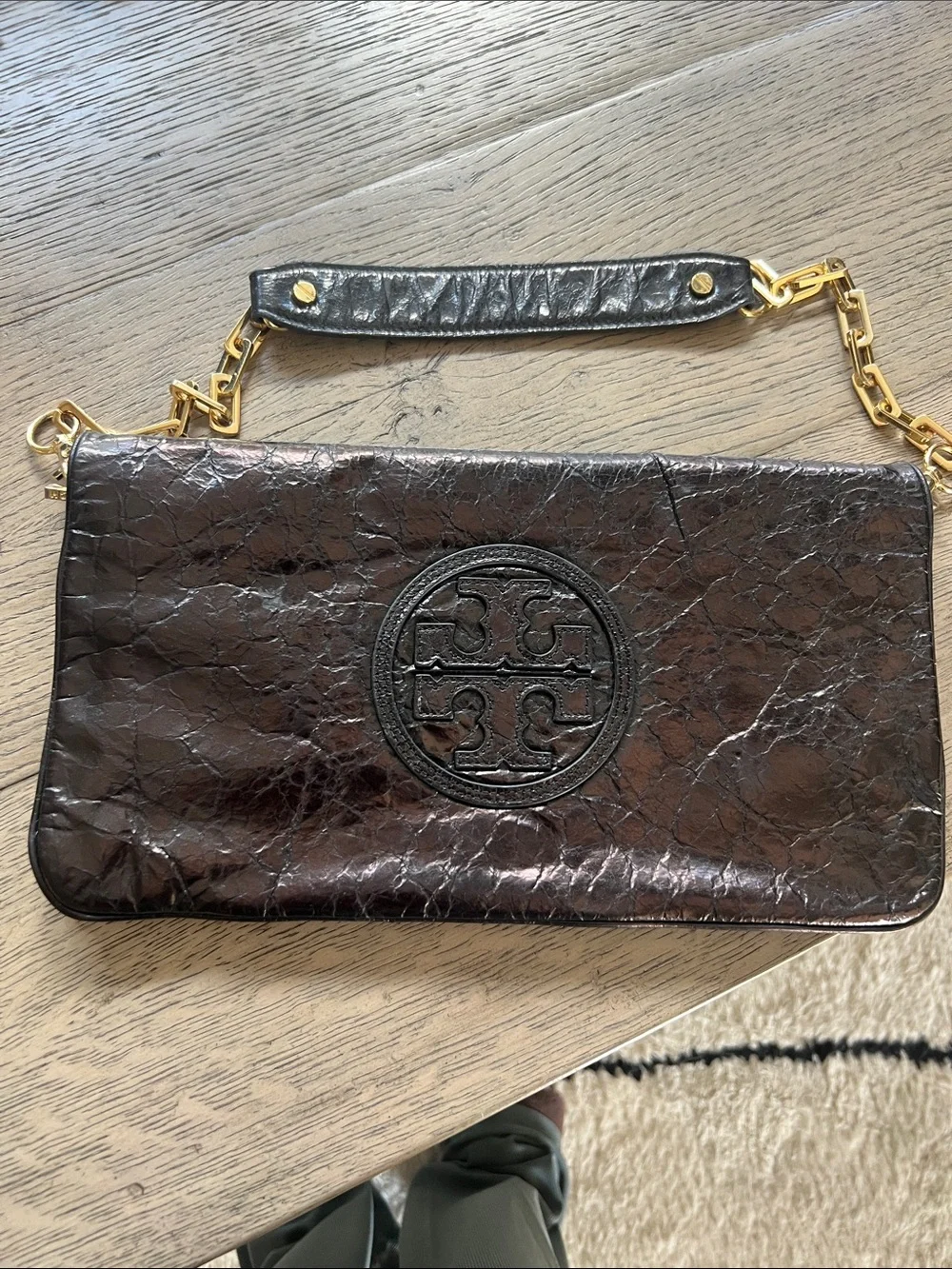 Tory Burch Black Crinkled Leather Logo Chain Wristlet